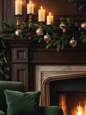 SAEC Fireside Gathering Theme Lit fireplace with candles and garland on mantel
