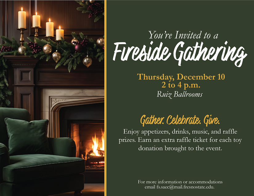 SAEC 2026 Winter Holiday invitation with image of sofa, and lit fireplace and candles