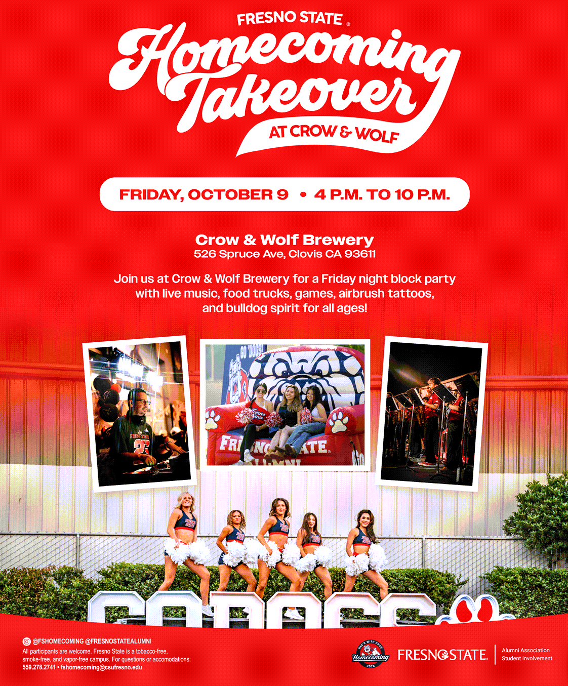 Crow & Wolf Brewery Homecoming Takeover Flyer with photos of homecoming activities