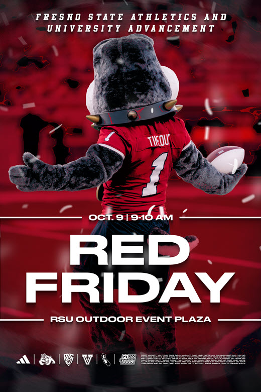 Red Friday flyer for October 2026 Timeout mascot from behind holding a football