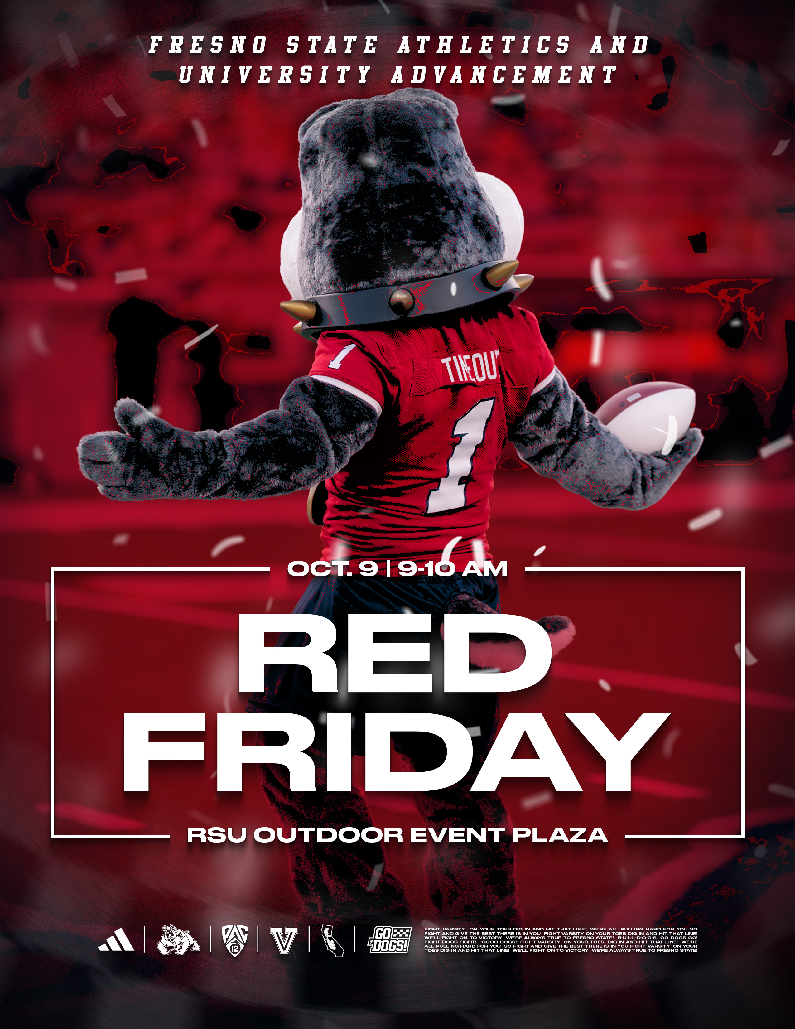 Red Friday October 9, 2026 Red Friday flyer with Timeout mascot holding football