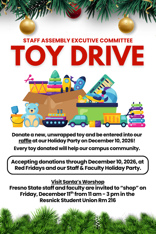 SAEC Toy Drive flyer for December 2026 Colorful graphic illustration of toys under tree boughs and written details about the toy drive